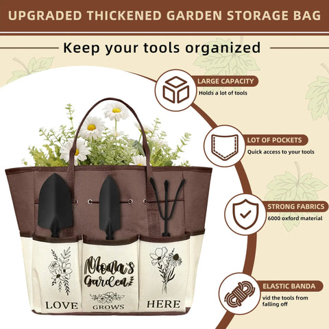 Mother's Day Garden Kit Gift Set with tool tote, daisies in pockets, and text "Mom's Garden" on thickened storage bag