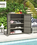 Sturdy Wicker Outdoor Storage Cabinet With Four Shelves And Two Doors, placed near pool with towels and spa items, mixed gray