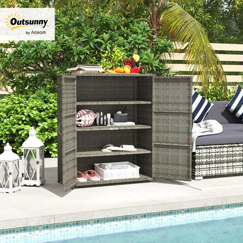 Sturdy Wicker Outdoor Storage Cabinet With Four Shelves And Two Doors, placed near pool with towels and spa items, mixed gray