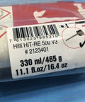 Injectable Mortar Epoxy Adhesive RE 500-V3 label showing size 11.1 fl. oz. with barcode and safety symbols.