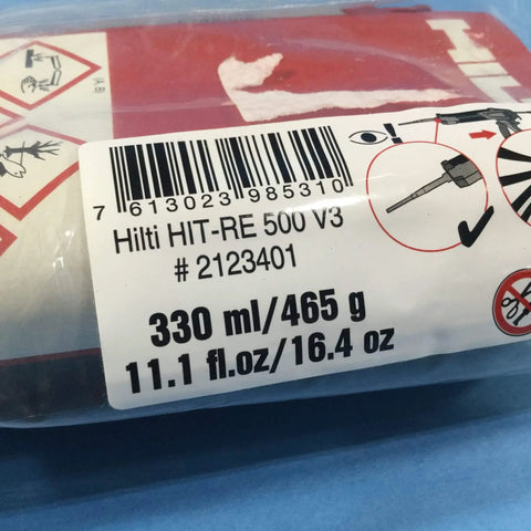 Injectable Mortar Epoxy Adhesive RE 500-V3 label showing size 11.1 fl. oz. with barcode and safety symbols.