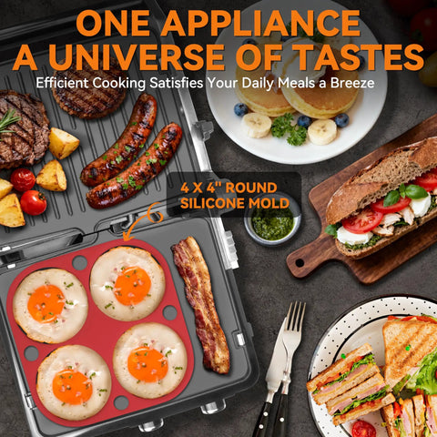 Bakers Friend 4 Slice Panini Press Grill Cheese Sandwich Maker Electric Indoor with Temp Control Opens 180 Degrees with eggs and bacon.