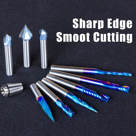 Quarter Inch Shank Carving Router Bit Set Ten In One With V Groove Bits Spiral End Mills Tapered Bits For Woodworking Relief Carving Lettering And Metal Carving Includes ER11 Collet displayed on black surface