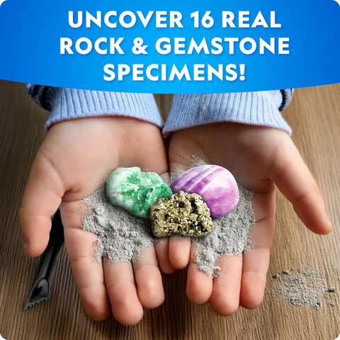 Child holding gems from Space Gemstone Dig Kit For Kids With 8 Planet Shaped Bricks And 16 Real Gem And Mineral Specimens, Hands On Excavation Adventure For Curious Minds, Fun Mining Activity.