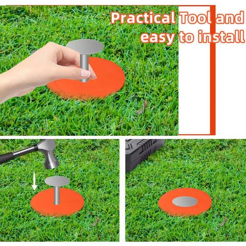 Six Pack Orange Rubber Washers for Low Profile Property Markers and Driveway Survey Stakes shown installed on grass