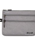World Travel Essentials Seat Pack Organizer With Three Zippered Pockets shown in gray fabric, front view