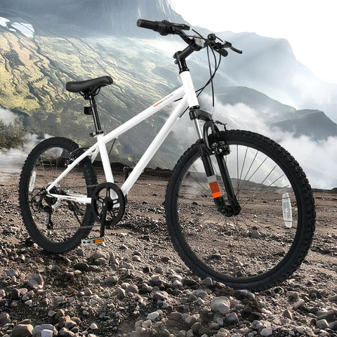 Kids Mountain Bike With 6 Speed Drivetrain Front Suspension Fork Dual Brakes Adjustable Seat 20 To 24 Inch White Youth Bike
