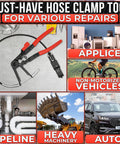 Hose clamp tool with red-handled pliers and locking ratchet for radiator hoses; corrosion-resistant carbon steel.