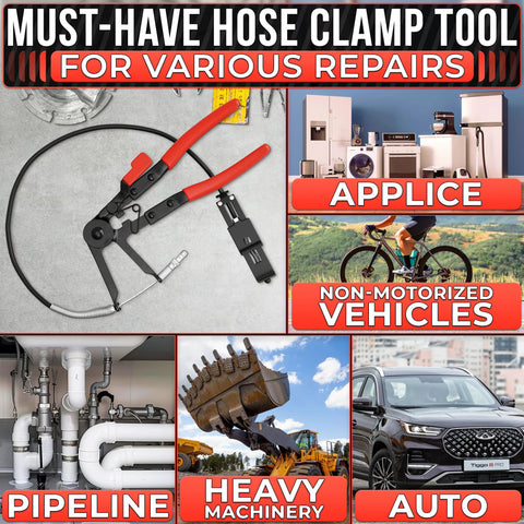 Hose clamp tool with red-handled pliers and locking ratchet for radiator hoses; corrosion-resistant carbon steel.