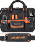 Front view of 13-Inch Pro-Grade Tool Carrier For Electricians And HVAC Techs Compact 32-Pocket Organizer with orange lining.