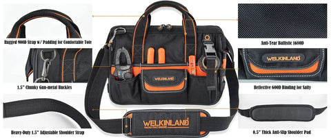 Front view of 13-Inch Pro-Grade Tool Carrier For Electricians And HVAC Techs Compact 32-Pocket Organizer with orange lining.