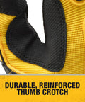 Close-up of durable reinforced thumb crotch on Rugged Mechanic Work Gloves With TPR Impact Protection and Anti Slip Grip, XL.