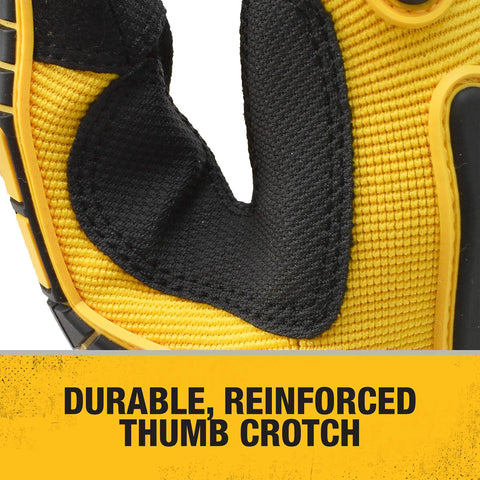 Close-up of Heavy Duty Mechanic Work Gloves With Impact Protection And Anti Slip Grip For Maximum Control High Dexterity Built Tough For Automotive Jobsite Use By Men Large Size, showing reinforced thumb crotch.
