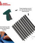 Black 4.4mm Fastener Refills For Micro Stitch And Micro Tach Tools, 1200 Count, Easy Load For Upholstery And Fabric Projects, Fits Leather And Craft Work, Model 11173, Heavy Duty Quick Load Refills Pack shown with tool and fasteners