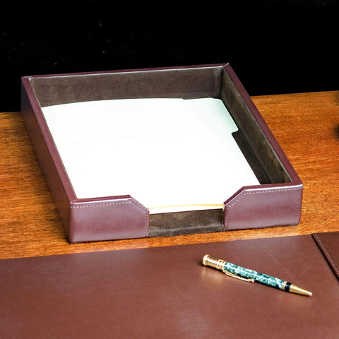 Premium Bonded Leather Desktop Letter Tray Organizer For Your Desk With Luxury Letter Holder And Paper Organizer For Office And Executive Desk Decor In Dark Brown shown on a wooden desk with a pen