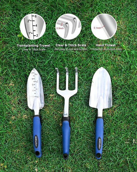 Three gardening tools from Garden Kneeler And Seat Set 7 Piece Upgraded Heavy Duty Foldable Bench And Stool with non-slip grips.