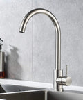 High Arc Commercial Kitchen Faucet Made Of Stainless Steel Brushed Nickel With Single Handle And 360 Degree Swivel For One Hole Bar Sink