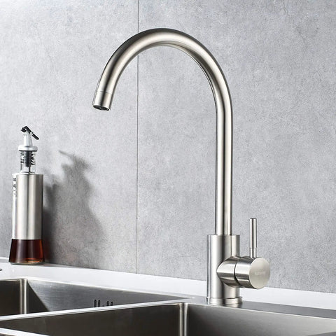 High Arc Commercial Kitchen Faucet Made Of Stainless Steel Brushed Nickel With Single Handle And 360 Degree Swivel For One Hole Bar Sink