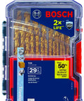 Three Flat Shank Titanium Nitride Coated Drill Bit Set, 29-Piece With Case, clear plastic case with Bosch branding