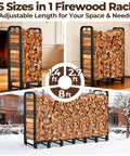 Heavy Duty 8ft Firewood Log Rack For Outdoor Use On Porch Or Backyard Keeps Fire Wood Neatly Stacked in three adjustable sizes
