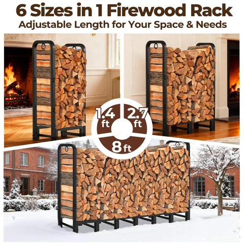 Heavy Duty 8ft Firewood Log Rack For Outdoor Use On Porch Or Backyard Keeps Fire Wood Neatly Stacked in three adjustable sizes