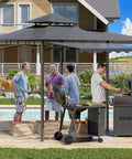 8x8 Heavy Duty Steel Frame Grill Gazebo With Double Tier Canopy Shelves Ceiling Hooks And Ground Stakes Waterproof UV Proof Outdoor Patio Tent For BBQ Backyard Gray in use.