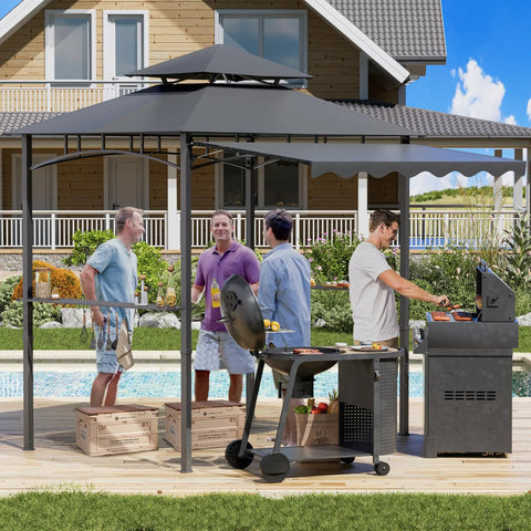 8x8 Heavy Duty Steel Frame Grill Gazebo With Double Tier Canopy Shelves Ceiling Hooks And Ground Stakes Waterproof UV Proof Outdoor Patio Tent For BBQ Backyard Gray in use.