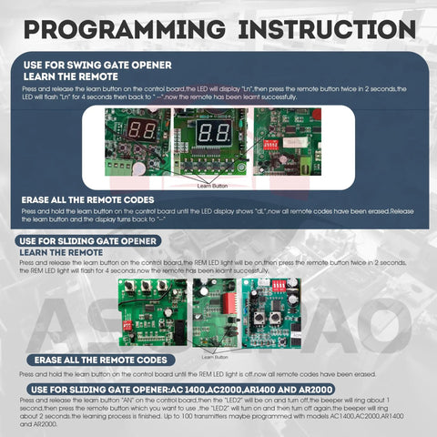 Programming instructions for swing and sliding gate openers with detailed circuit board images and step-by-step guide.