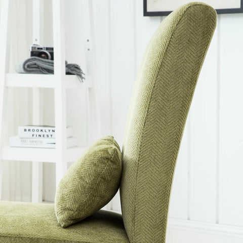 Kick Back Today Spring Green Chenille Armless Accent Chair With Rich Espresso Wood Legs And Snug Kidney Pillow side view with herringbone texture