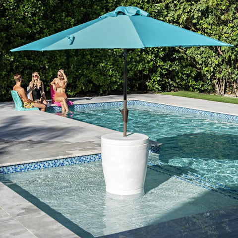 In Pool Shade Table With Built In Cooler And 9 Gallon Basin Lift Lid Umbrella Hole For 15 Inch Water Ledge White Finish Perfect