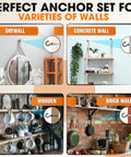 Heavy Duty Screw Hooks With Self Drilling Drywall Anchors Kit, 10 Pack shown in use on various wall types like drywall, concrete, wood, and brick.