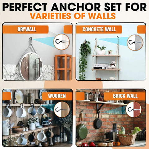 Heavy Duty Screw Hooks With Self Drilling Drywall Anchors Kit, 10 Pack shown in use on various wall types like drywall, concrete, wood, and brick.
