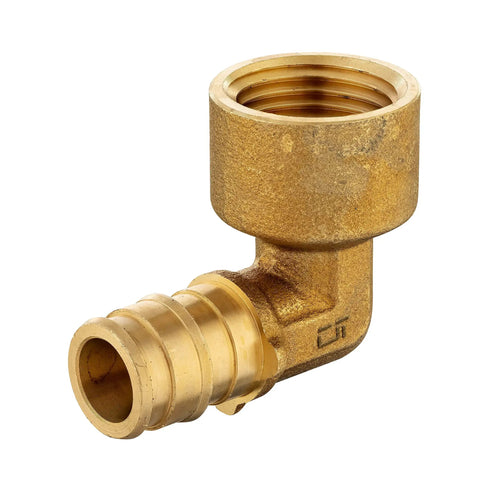Close-up of a single brass 0.5 inch female elbow adapter for PEX tubing, part of Pack Of 5 Pex A Expansion Brass Fittings, ASTM F1960.