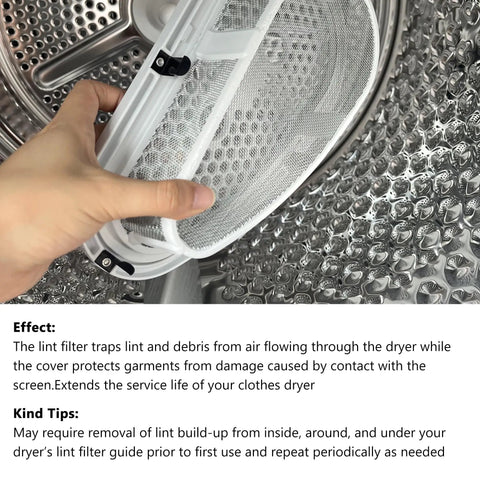 Hand installing Upgraded Dryer Lint Screen With Case Cover For Whirlpool And Kenmore Dryers, showing mesh material in drum interior.