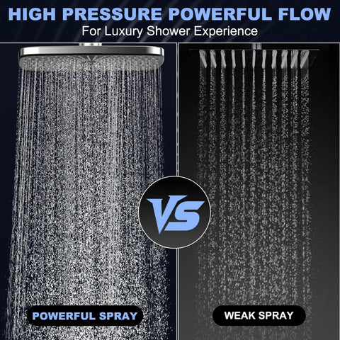 Comparison of high pressure powerful spray and weak spray from 11.8 Inch High Pressure Rain Shower Head Combo with 9 Spray Handheld.