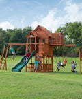Skyfort II Cedar Wood Swing Set With Wave Slide, Raised Clubhouse, Crow's Nest, kids playing in backyard