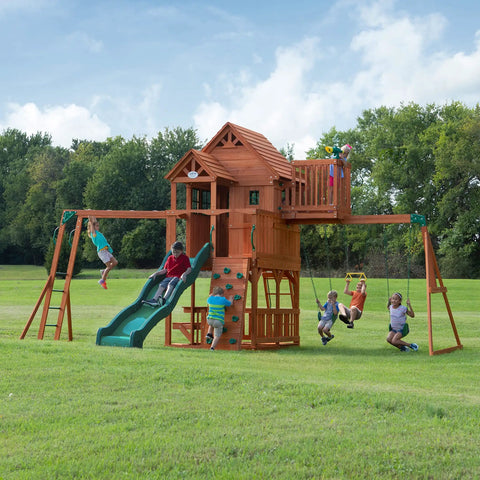 Skyfort II Cedar Wood Swing Set With Wave Slide, Raised Clubhouse, Crow's Nest, kids playing in backyard