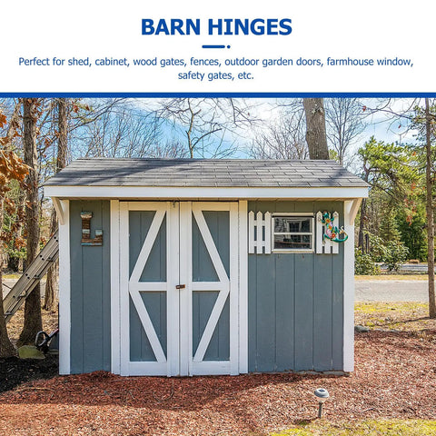 Heavy Duty Stainless Steel Gate Hinges 2 Pack Rock Solid Outdoor Barn Hardware on a blue shed with white doors.