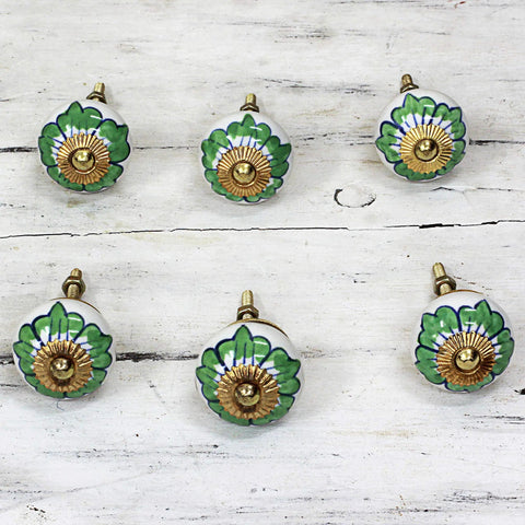 Green And White Ceramic Floral Cabinet Knobs Set Of 6 With Screws Included Stylish Hardware For Dresser Or Kitchen Cabinets