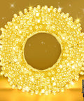 Warm White LED String Lights 70 Ft Waterproof and Connectable for Indoor and Outdoor Holiday Decor, coiled and glowing
