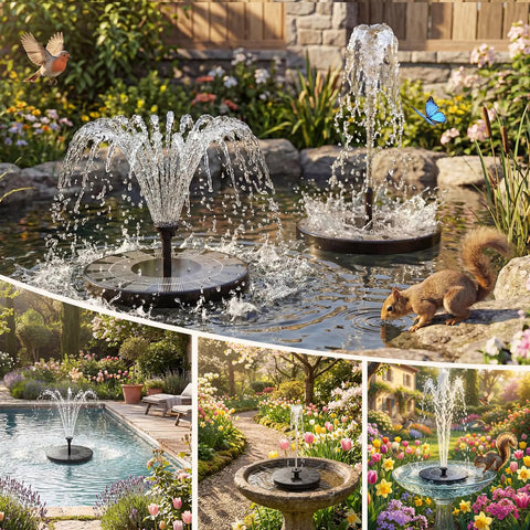 2.5W Solar Fountain Pump With 6 Nozzles for bird bath in garden pond with flowers and animals