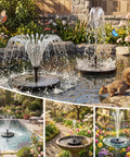 2.5W Solar Bird Bath Fountain Pump With 6 Nozzles For A Fresh Water Splash in a garden pond with wildlife and flowers