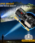Person using Beast Mode Brightness 100000 Lumen USB C Rechargeable Flashlight with LCD Display at night.