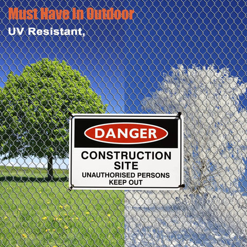Danger construction site sign on fence with tree background indicating must-have outdoor UV resistance.