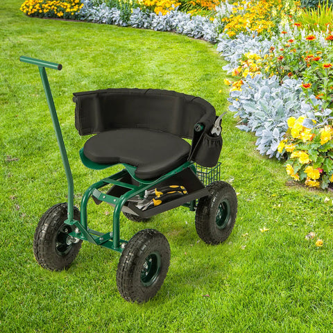 Rolling Garden Seat With Wheels, 360 Degree Swivel, Height Adjustable Work Stool with removable cushion in garden setting