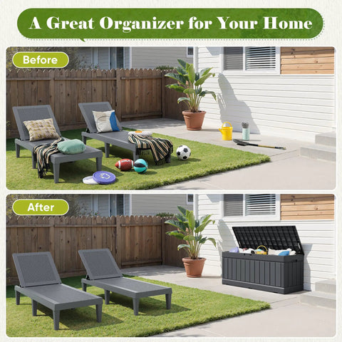 Before and after patio with 80 Gallon Resin Outdoor Storage Box With Wood Texture Waterproof Deck Box For Patio Cushions