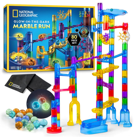 Glowing Marble Run Kit With 15 Glow-In-The-Dark Glass Marbles And Storage Bag, Snug-Fit 45 Track Pieces Plus 5 Bases