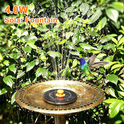 Sun Powered Bird Bath Fountain Pump With Eight Nozzles 4W Solar Panel floating in a decorative bird bath