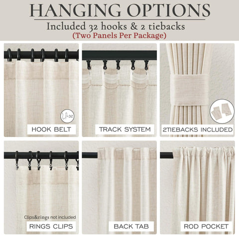 Cream Linen Look Curtains For Living Room 86 Inch Long 2 Panels 52Wx86L with hook belt, track system, and tiebacks