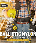 Person wearing Heavy Duty Tool Belt With 20-Pocket Framer Vest, Yoke-Style Suspenders And Apron Combo, made of Ballistic Nylon